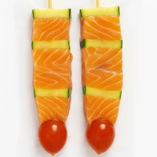 Brocheta de salmon, calabacin y cherry