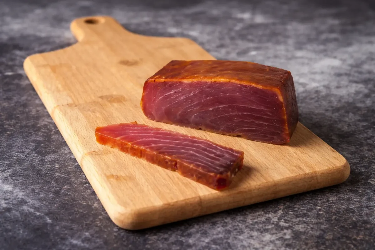 Mojama de atún rojo cortada en finas lonchas sobre una tabla de madera